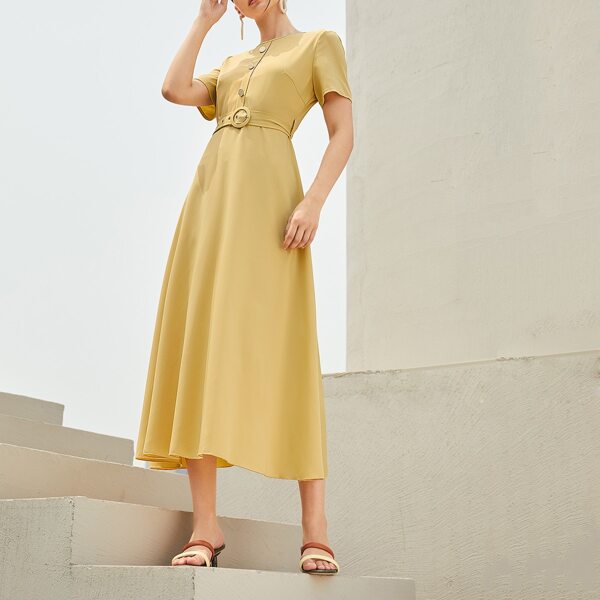 

Solid Button Front Belted A-line Dress, Yellow