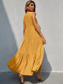 SHEIN Unity Vestido unicolor bajo fruncido de cuello V - Mostaza Amarilla - Ver 2