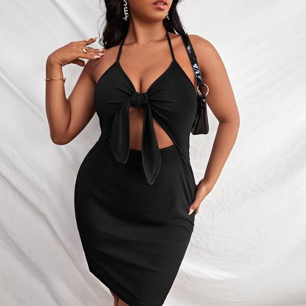 

Plus Rib-Knit Tie Front Halter Dress, Black
