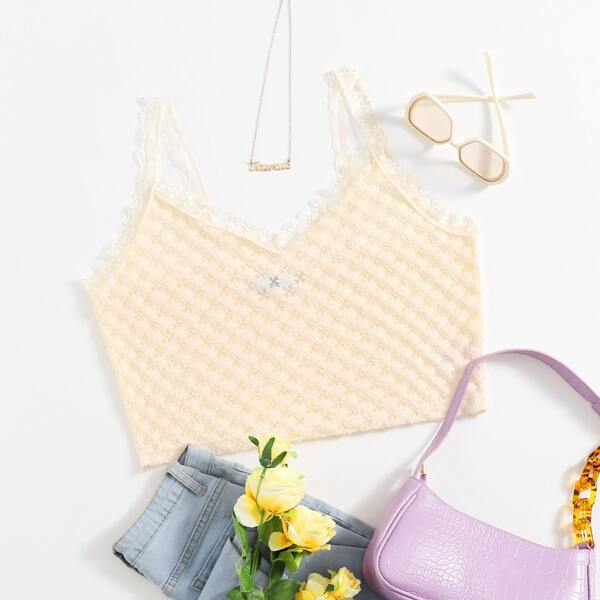 

Plus Lace Trim Waffle Knit Crop Top, Apricot