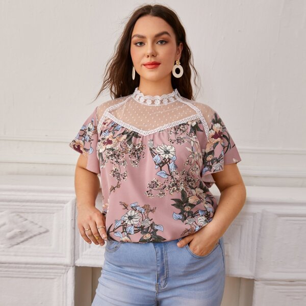 

Plus Floral Print Butterfly Sleeve Mesh Panel Blouse, Dusty pink