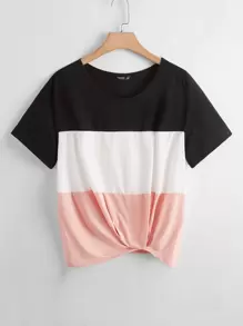 SHEIN LUNE Plus Twist Hem Colourblock Top - Multicolor - View 1