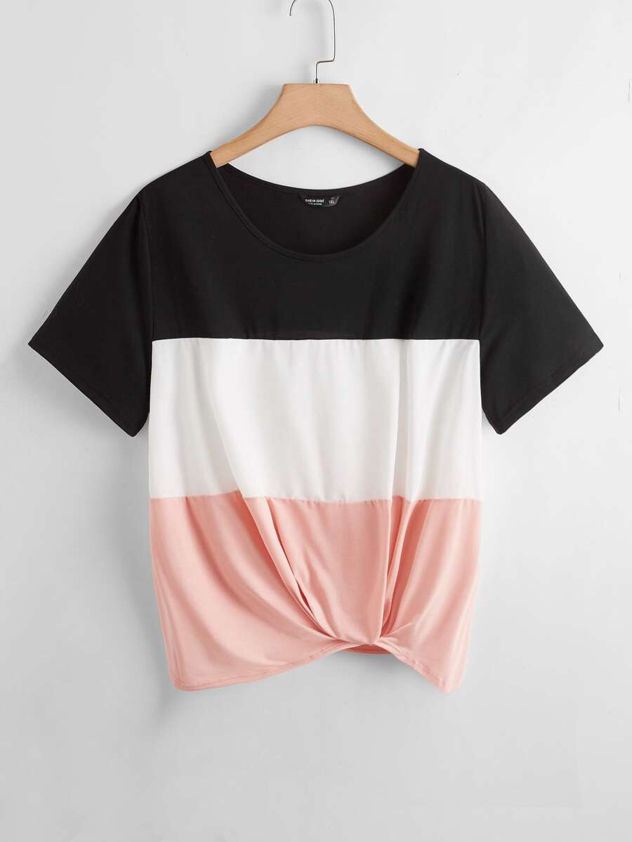 SHEIN LUNE Plus Twist Hem Colourblock Top - Multicolor - View 1