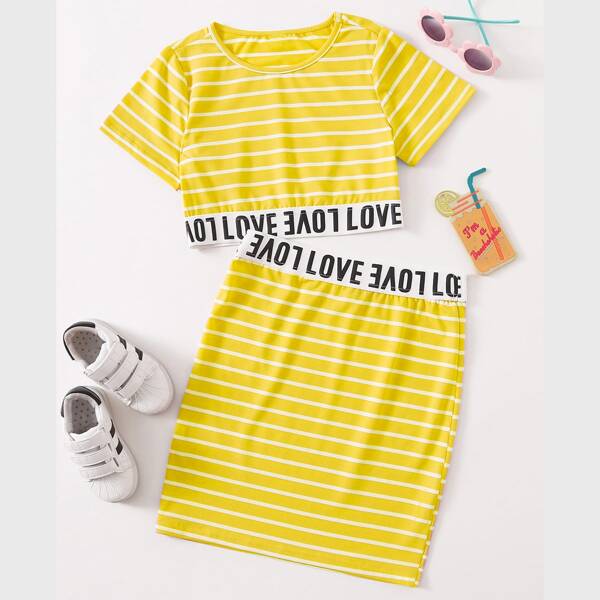 

Girls Letter Tape Striped Tee With Skirt, Yellow