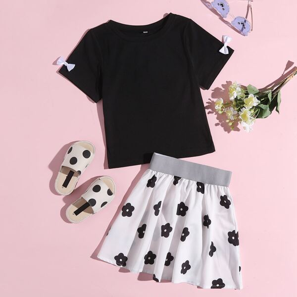 

Toddler Girls Bow Detail Tee & Floral Print Skirt, Black and white