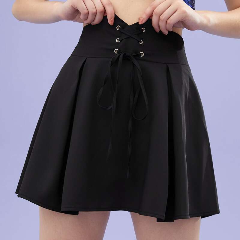 

Solid Lace Up Skirt, Black