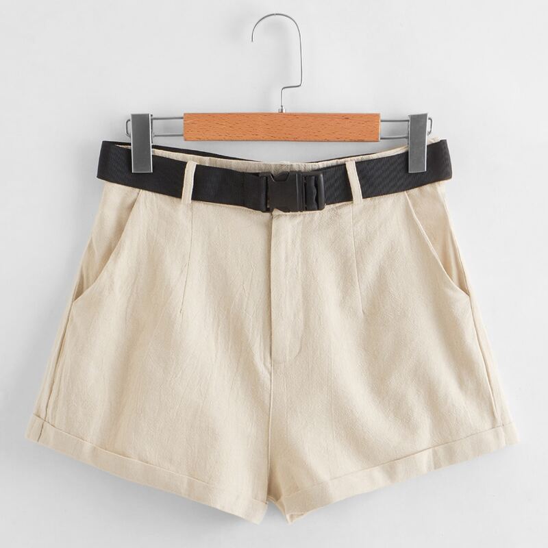

Solid Cuffed Shorts With Buckle Belt, Beige