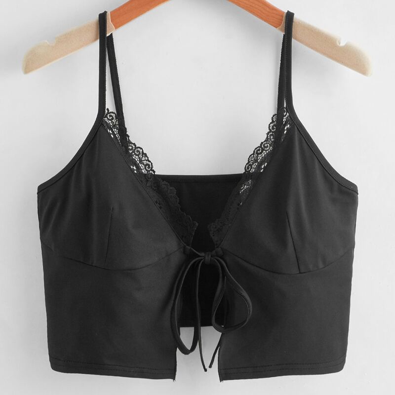 

Contrast Lace Tie Front Cami, Black