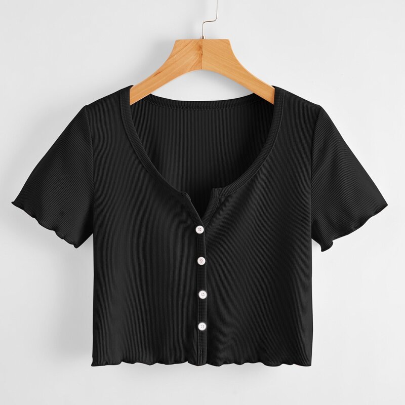 

Solid Button Front Ribbed Crop Tee, Black
