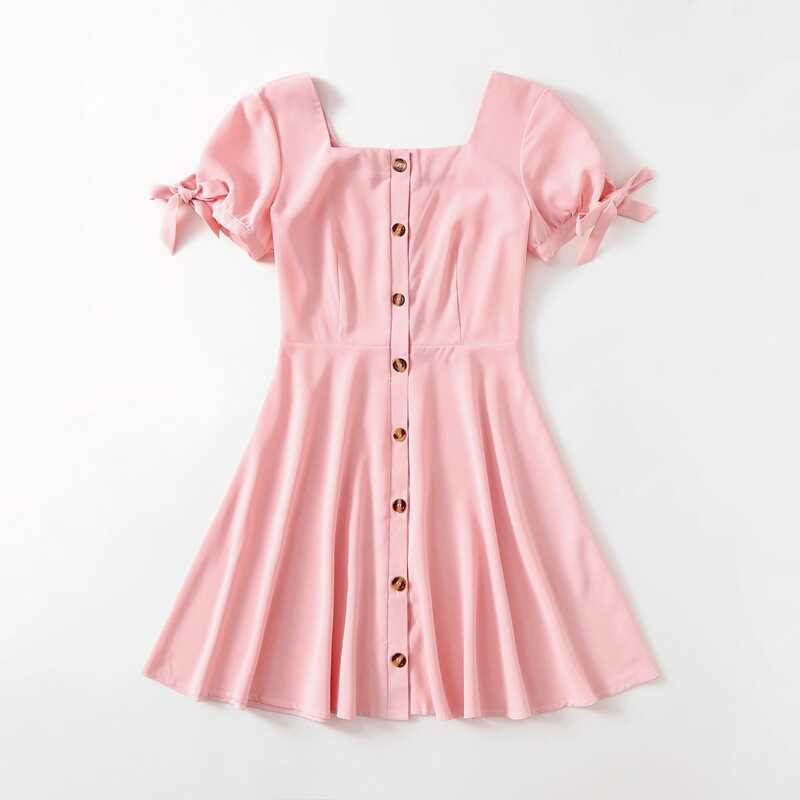 

Button Front Knot-cuff Dress, Pink