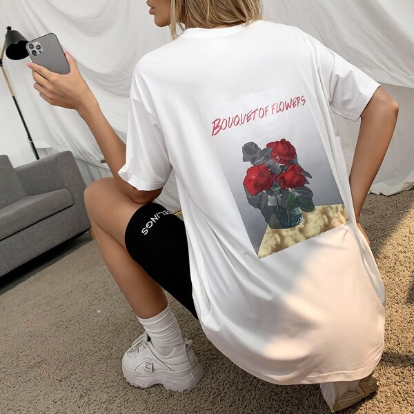 

Drop Shoulder Letter & Floral Print Oversize Tee, White