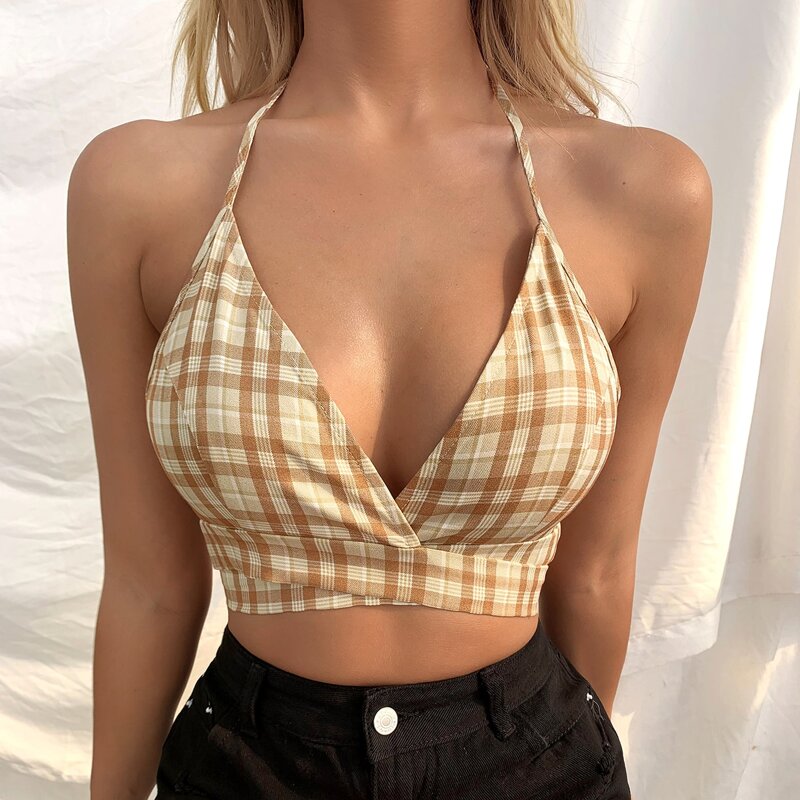 

Plaid Tie Back Halter Top, Khaki