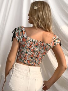 Allover Floral Drawstring Shirred Back Crop Top - Multicolor - View 2