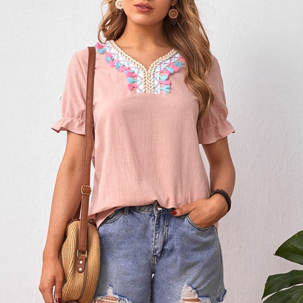

Fringe Trim Puff Sleeve Blouse, Coral pink