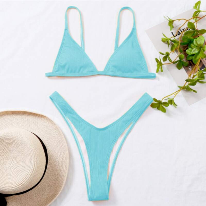 

Rib Triangle High Cut Bikini Swimsuit, Mint blue