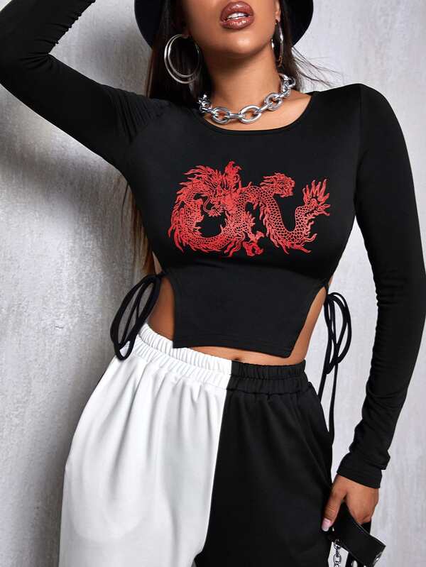 Knotted Side Chinese Dragon Print Top | SHEIN EUR