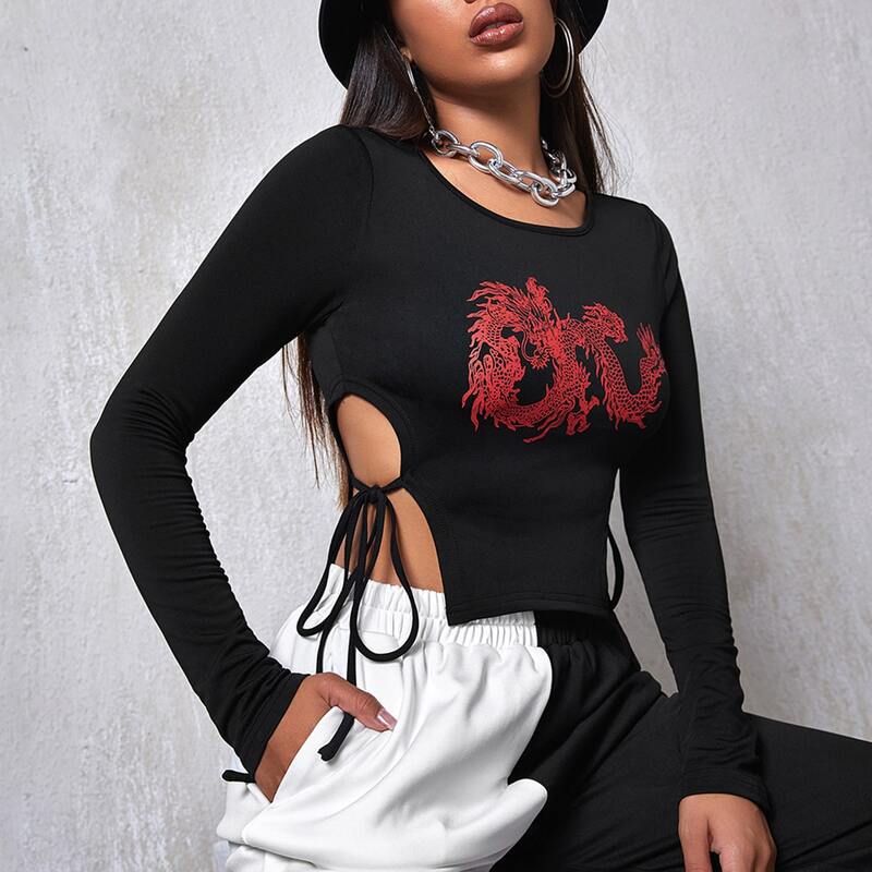 

Knotted Side Chinese Dragon Print Top, Black