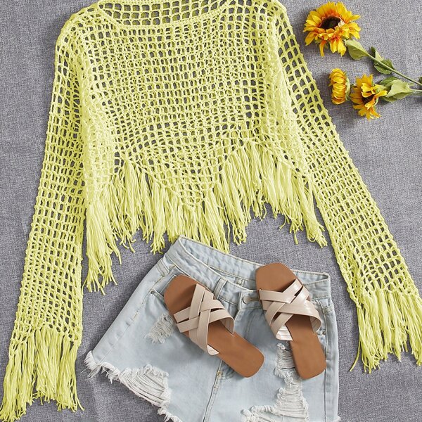 

Fringe Hem Crochet Cover Up, Yellow