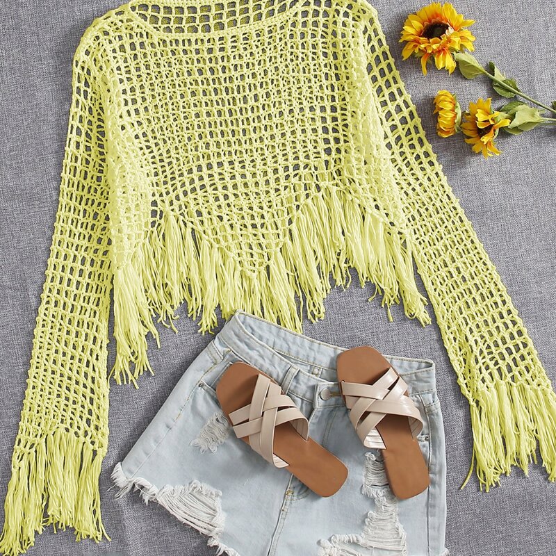 

Fringe Hem Crochet Cover Up, Yellow