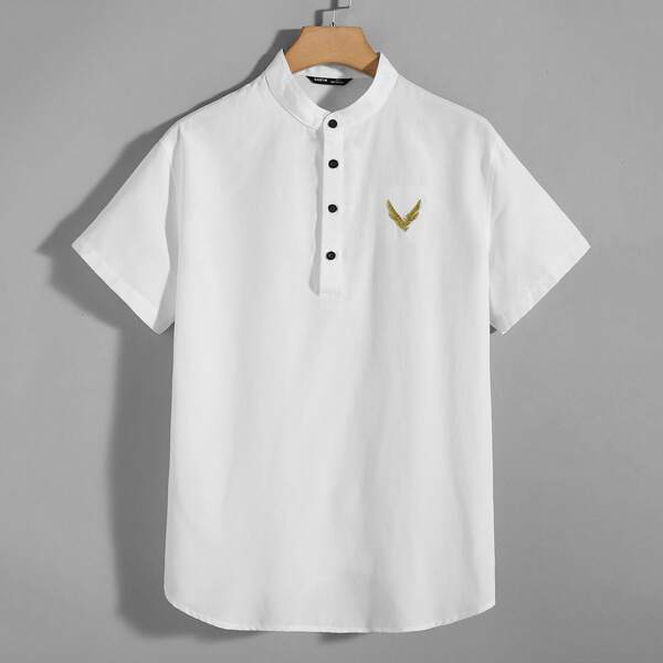 

Men Embroidery Detail Half Button Placket Shirt, White