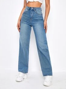 High Waist Boyfriend Jeans - Medium Wash - View 1