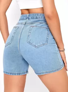 SHEIN EZwear Quần short Denim màu trơn - Rửa nhẹ - Xem 2