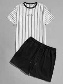 GENTILAND Men Letter Graphic Striped Top & Shorts Set - Black and White - View 1