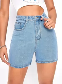 SHEIN EZwear Quần short Denim màu trơn - Rửa nhẹ - Xem 3