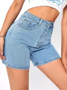 SHEIN EZwear Quần short Denim màu trơn - Rửa nhẹ - Xem 4