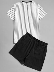 GENTILAND Men Letter Graphic Striped Top & Shorts Set - Black and White - View 2
