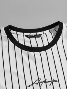 GENTILAND Men Letter Graphic Striped Top & Shorts Set - Black and White - View 4