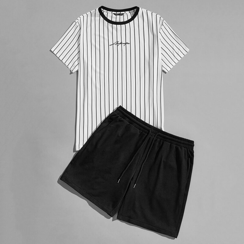 

Guys Letter Graphic Striped Top & Shorts Set, Black and white