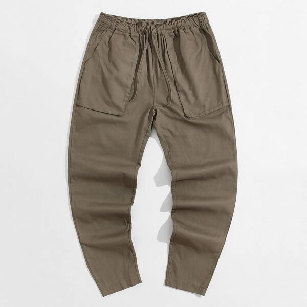 

Men Solid Pocket Patched Tapered Pants, Army green