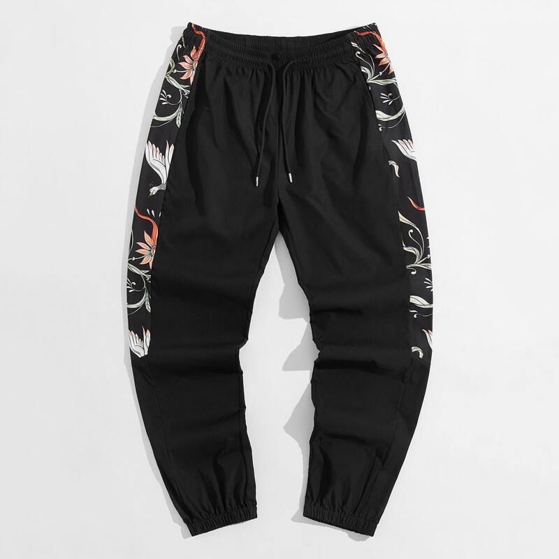 

Guys Contrast Floral Panel Pants, Black