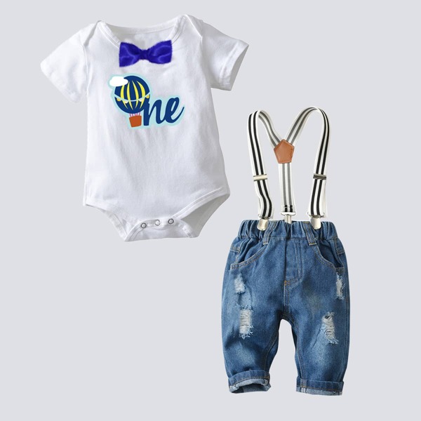 

Baby Boy Cartoon Graphic Bow Bodysuit & Ripped Jeans, Blue and white