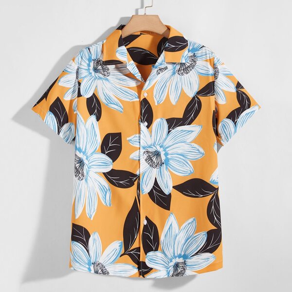 

Men Random Large Floral Print Button Up Shirt, Multicolor