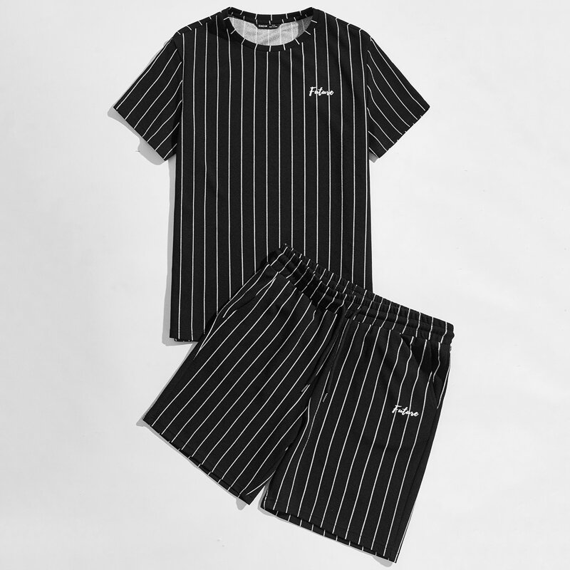 

Guys Letter Graphic Striped Tee And Shorts Set, Black