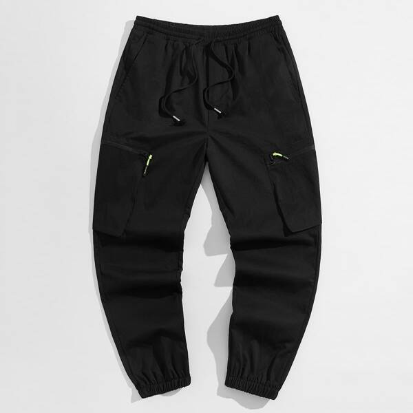 

Men Solid Zipper Pocket Drawstring Waist Pants, Black
