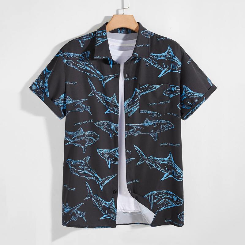 

Guys Shark Print Button Through Shirt, Black