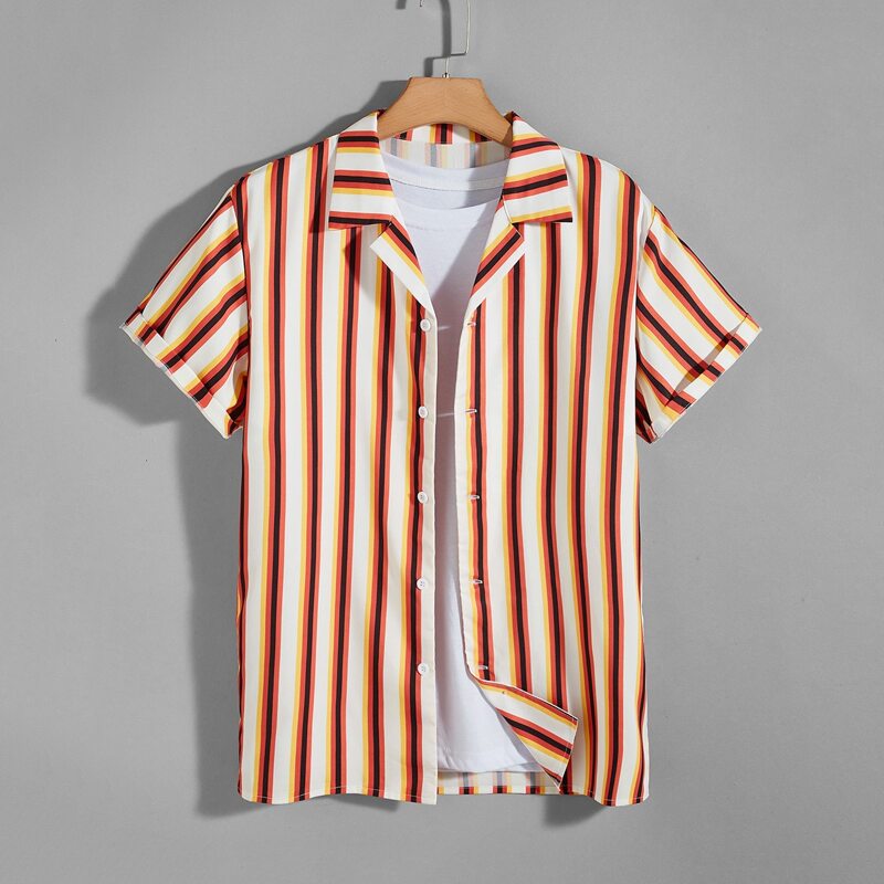 

Guys Vertical Striped Lapel Neck Shirt, Multicolor