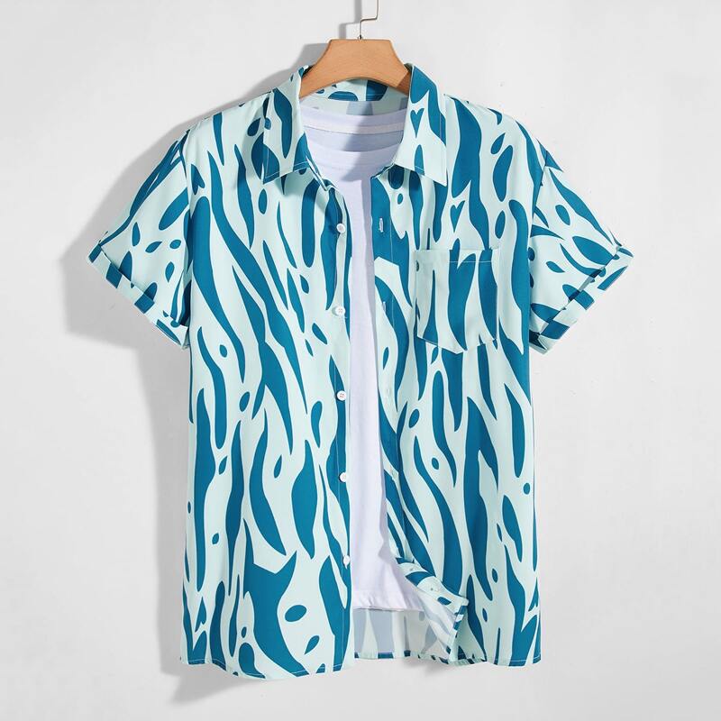 

Guys Allover Print Button Through Shirt, Blue