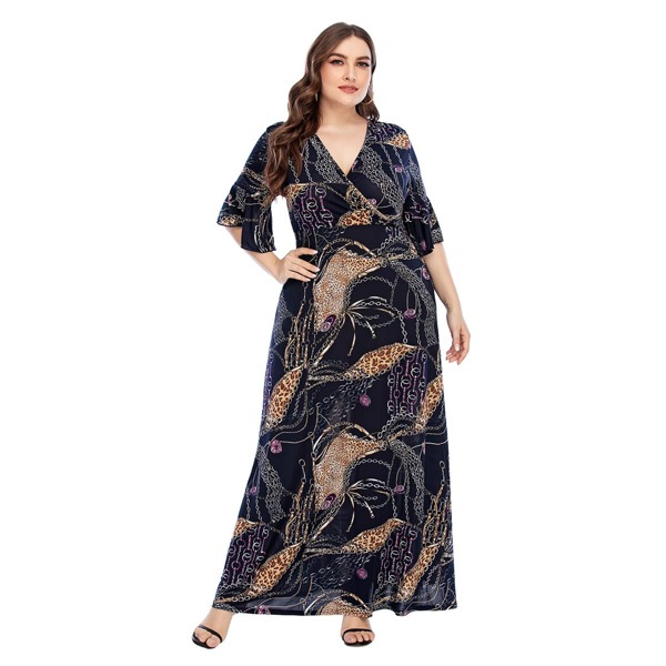 

Plus Leopard And Chain Print Surplice Neck Maxi A-line Dress, Multicolor