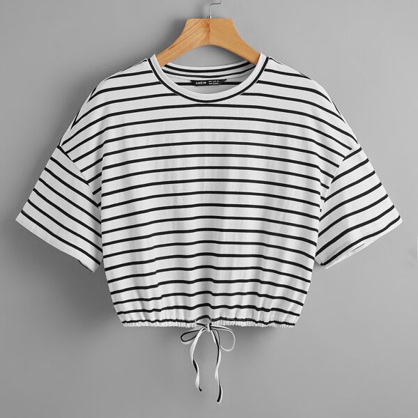 

Drop Shoulder Drawstring Waist Striped Tee, White