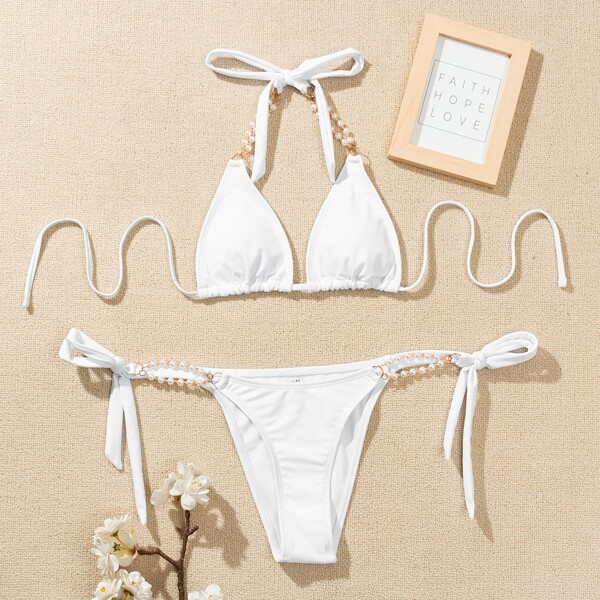 

Faux Pearl Decor Halter Bikini Swimsuit, White