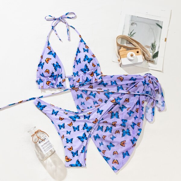 

3pack Allover Butterfly Pattern Bikini Swimsuit & Cover Up, Multicolor