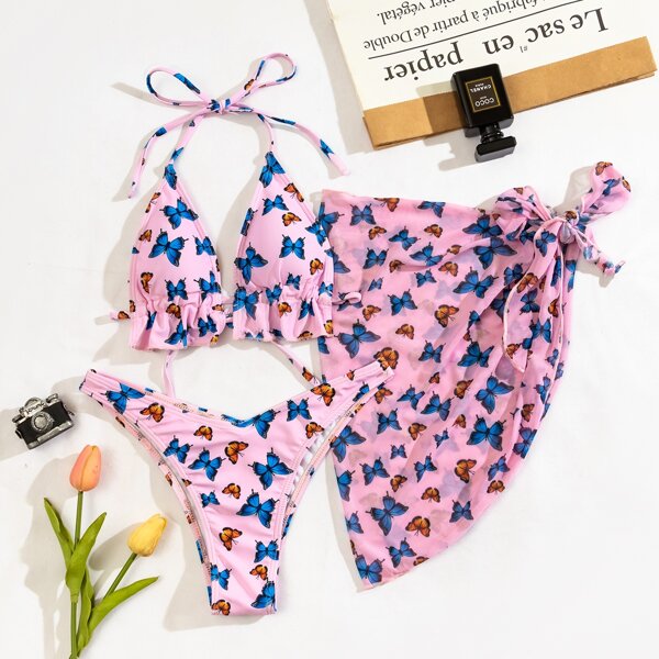 

3pack Allover Butterfly Pattern Bikini Swimsuit & Cover Up, Multicolor