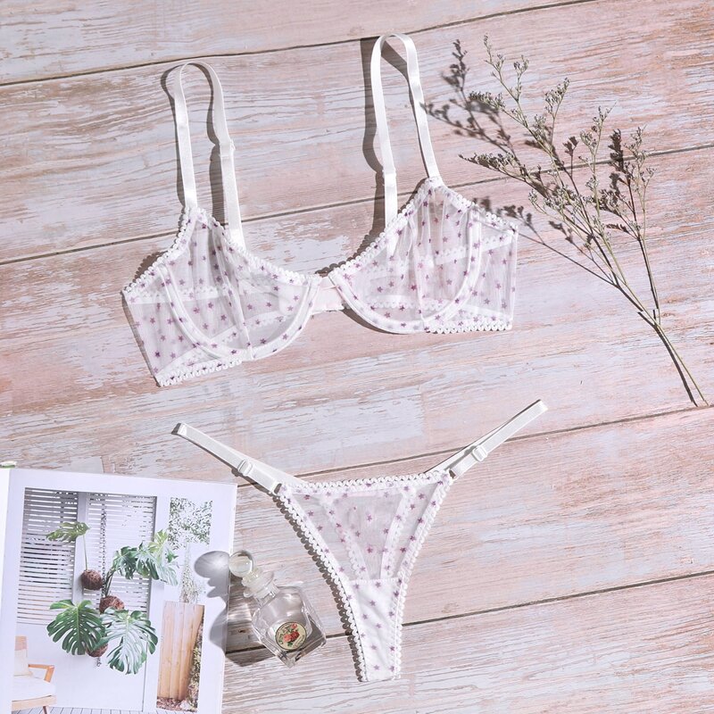 

Star Print Mesh Underwire Lingerie Set, White