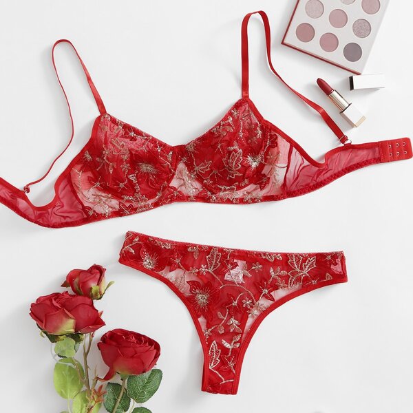 

Floral Embroidered Mesh Underwire Lingerie Set, Red
