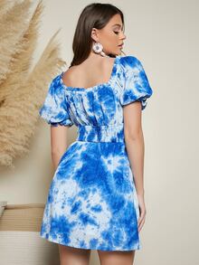 SHEIN 大圓領泡泡袖紮染網眼刺繡洋裝 - 藍白色 - 查看 2