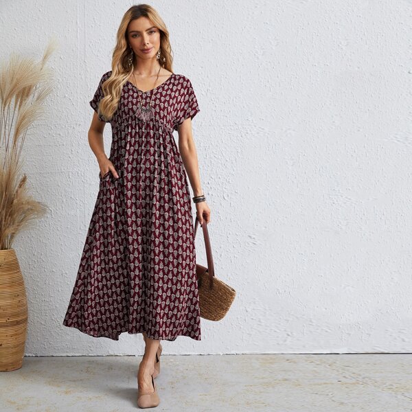 

Allover Print High Waist Dress, Red and white